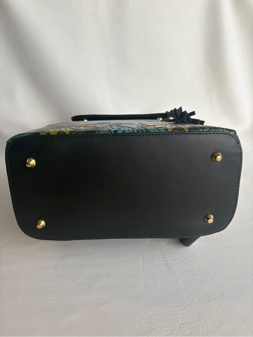 Handpainted Floral Sunflower Vegan Leather Backpack - Black & Teal